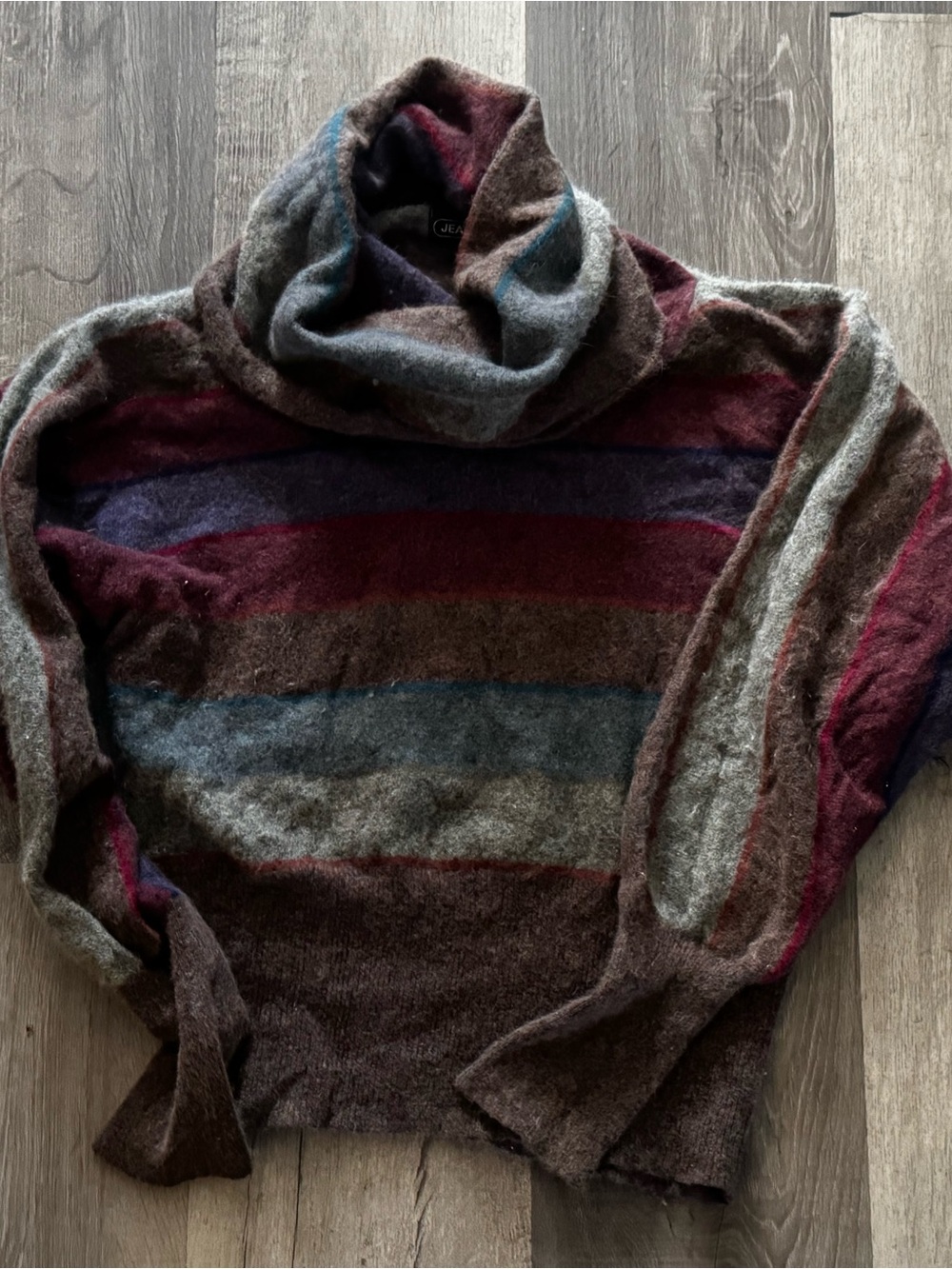 JEANNE PIERRE Striped Cowl Neck Sweater in Burgundy, Brown, Gray, and Blue